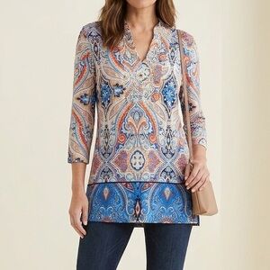 NWT Peck & Peck Red Blue Paisley Beaded Embellished Tunic Length Blouse M